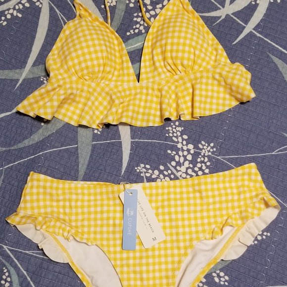 CUPSHE  Ruffled Bikini Swimsuit Yellow/White Gingham Size: Medium - Picture 1 of 6